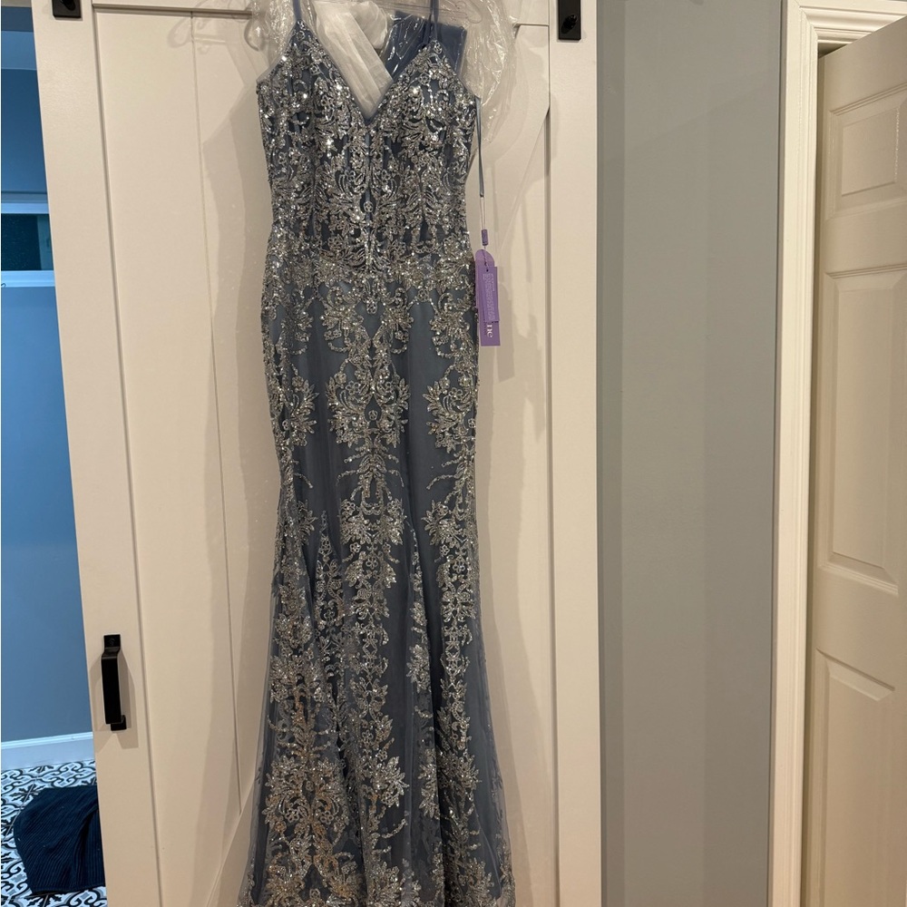 Silver-Embellished Steel Blue Prom Gown